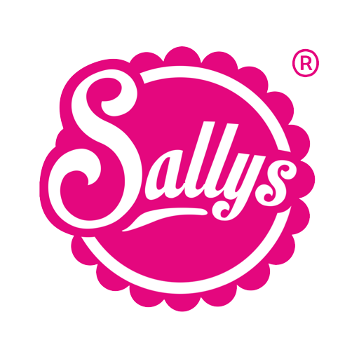Das Logo von „Pink Sallys“ in Form eines kreisförmigen, gewellten Motivs mit einem eingetragenen Markenzeichen auf weißem Hintergrund.