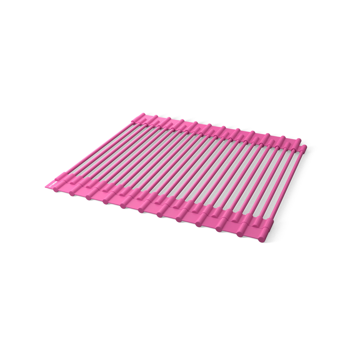 Ein rosa-weißes, zusammenrollbares Abtropfgitter der Firma Kochblume GmbH mit parallelen Stäben, hier ausgeklappt auf weißem Hintergrund abgebildet: Dieses ausziehbare Abtropfgitter aus Silikon ist ein praktisches Küchenaccessoire für moderne Küchen.