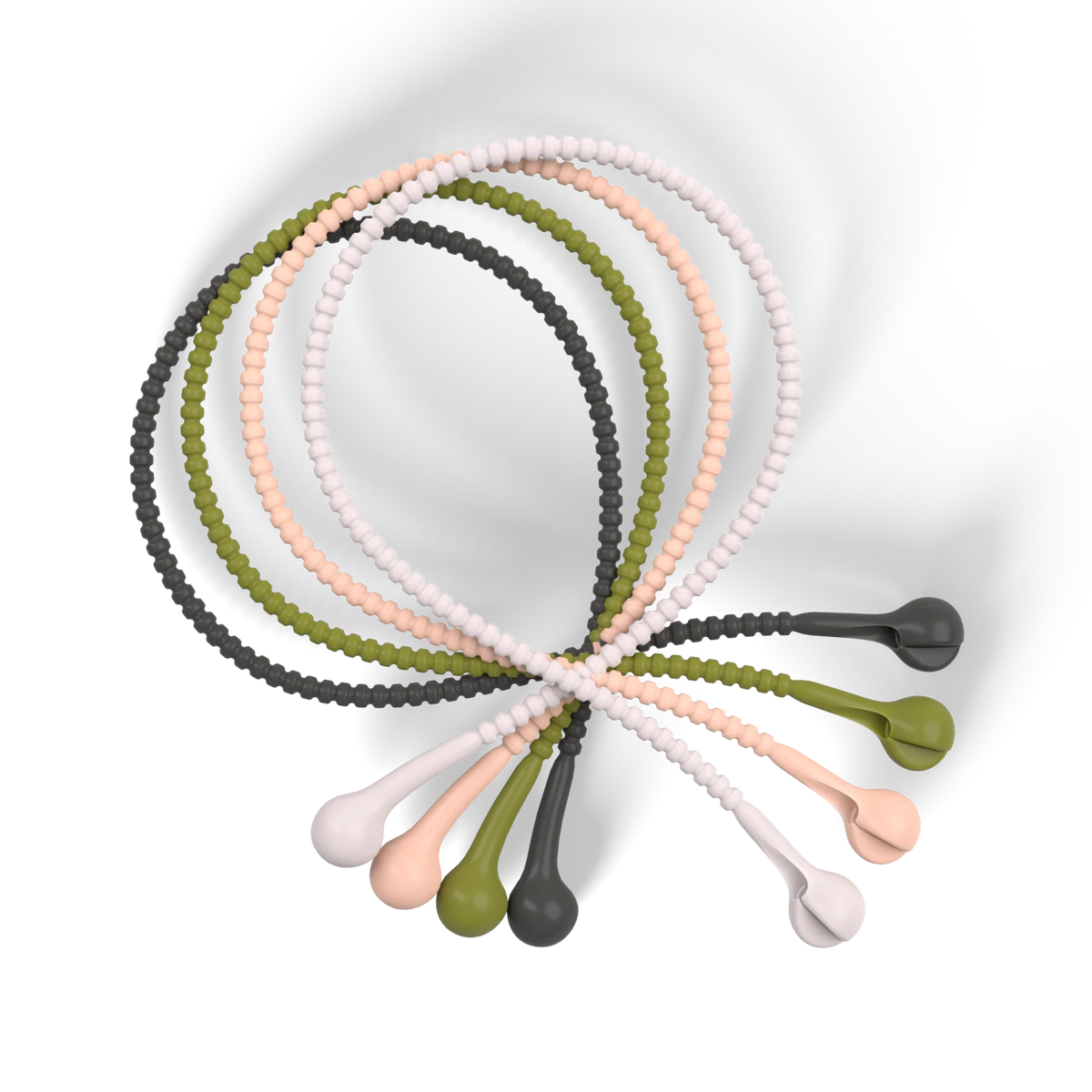 Vier Perlen-Schlaufen in Rosa, Grün und Schwarz mit kugelförmigen Enden, die in einem symmetrischen Muster angeordnet sind – wir stellen den Allzweckbinder der Kochblume GmbH vor.