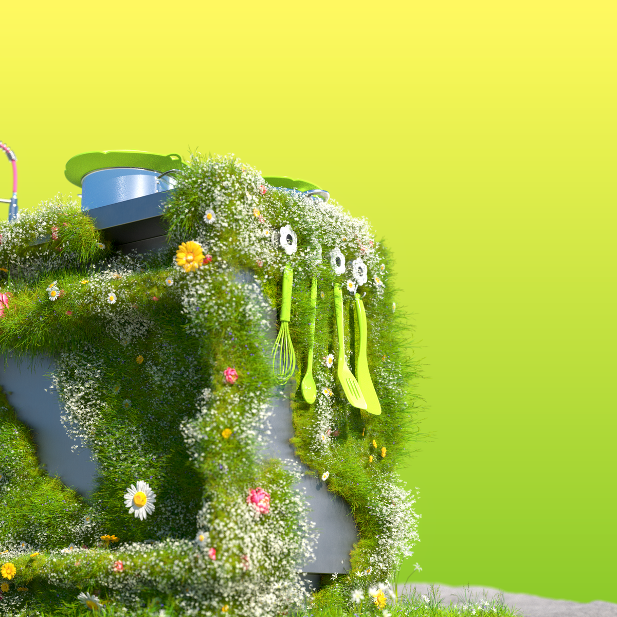 Eine mit Gras und Blumen bedeckte Küchenarbeitsplatte, an der grüne Küchenutensilien hängen, vor einem gelben Hintergrund mit Farbverlauf.