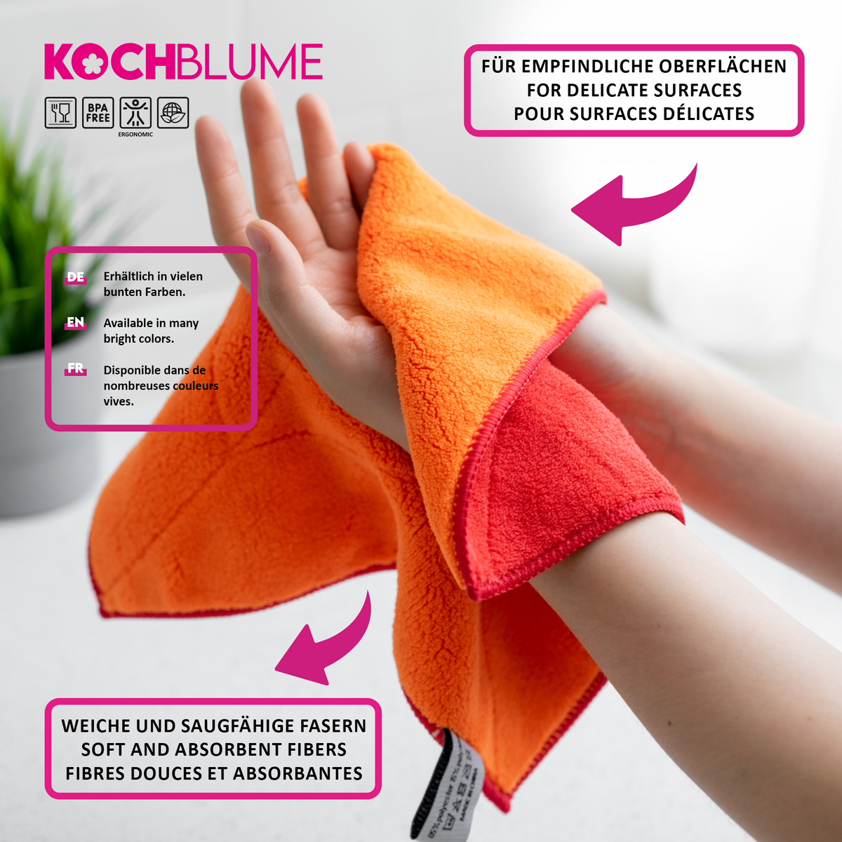 Das weiche und sanfte Mikrofasertuch der Kochblume GmbH in Orange eignet sich perfekt für die Reinigung selbst empfindlichster Oberflächen von Hand. Seine ultraweiche Mikrofaser sorgt für eine gründliche Reinigung ohne Kratzer und hinterlässt Ihre Gegenstände makellos sauber und geschützt. Dieses Mikrofasertuch ist ideal für empfindliche Oberflächen oder zerbrechliche Materialien und überzeugt bei jedem Einsatz durch außergewöhnliche Weichheit.