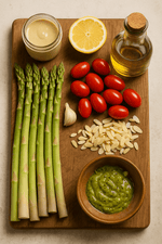 Spargel, Kirschtomaten, Knoblauch, Zitrone, Öl, Vinaigrette, Mandelblättchen und Dressing auf einem Holzbrett.