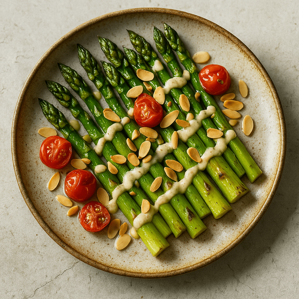 Gegrillter Spargel mit Kirschtomaten, Mandelscheiben und einem Spritzer cremiger Soße auf einem Keramikteller.