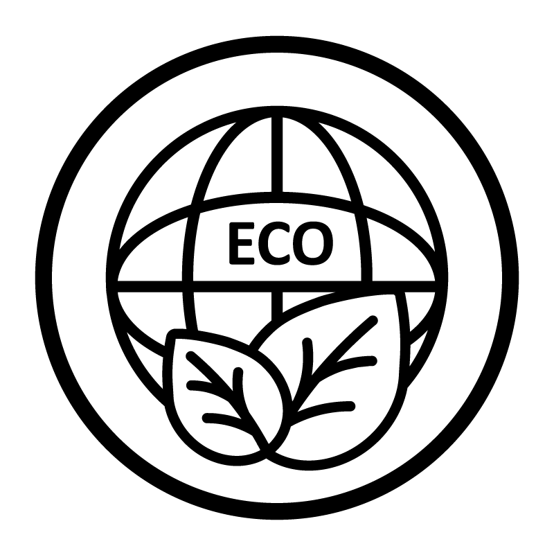 Globus mit der Aufschrift „ECO“ und zwei Blättern davor, die für Umweltfreundlichkeit oder ein ökologisches Konzept stehen.