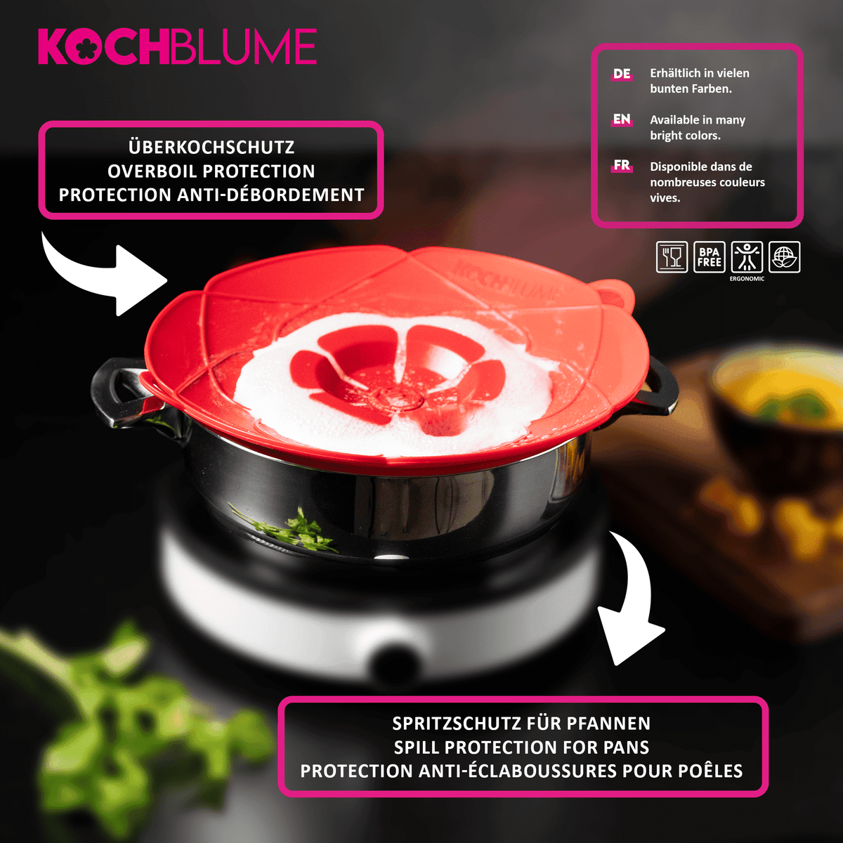 Der „Überkochschutz“ (Testprodukt „tante-e“) der Kochblume GmbH ist auf einem Topf abgebildet, wobei der Text dessen wirksamen Überkoch- und Überlaufschutz hervorhebt.