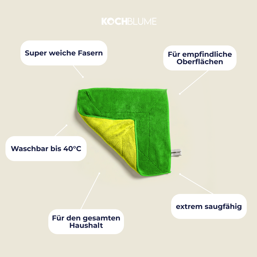 Grünes und gelbes Tuch mit deutschem Text, in dem Weichheit, Saugfähigkeit und Eignung für alle Oberflächen hervorgehoben werden.