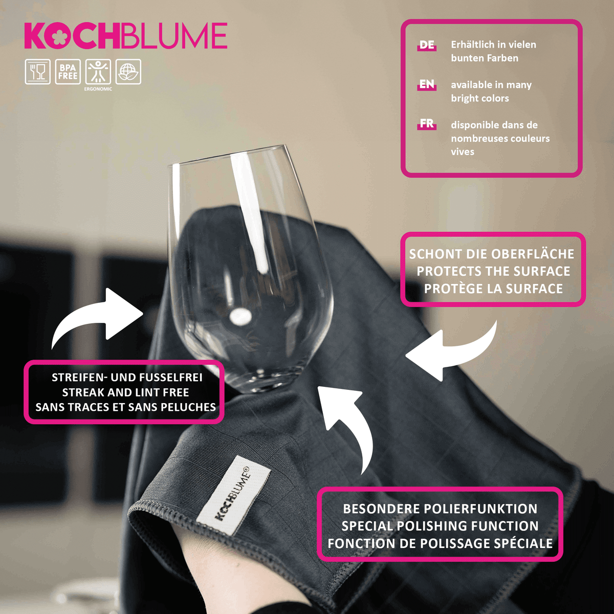 Eine Hand poliert ein Weinglas mit dem Poliertuch der Kochblume GmbH, dessen spezielle Polierwirkung jedes Mal für ein strahlendes, streifenfreies Ergebnis sorgt. Diese Produktbeschreibung verdeutlicht den außergewöhnlichen Glanz und die Qualität, die Sie vom Poliertuch der Kochblume GmbH erwarten können.