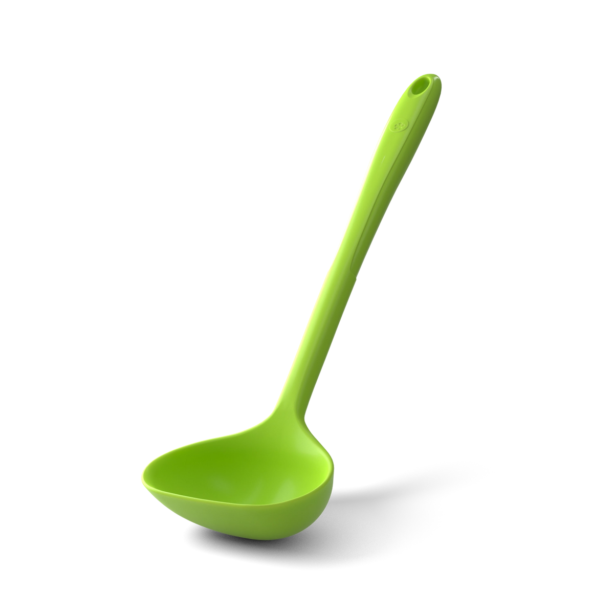 Die Schöpfkelle der Kochblume GmbH ist eine grüne Kunststoffschöpfkelle mit langem Stiel und einer tiefen, abgerundeten Schaufel, die vor einem weißen Hintergrund abgebildet ist. Dieses Küchenutensil eignet sich ideal zum mühelosen Servieren von Suppen oder Eintöpfen.