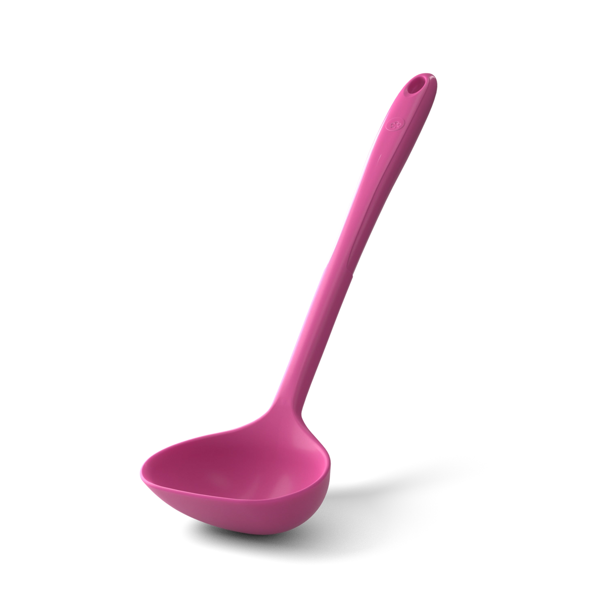 Schöpfkelle von Kochblume GmbH: Diese rosa Kunststoffschöpfkelle verfügt über einen langen Stiel und eine tiefe Schale und eignet sich perfekt zum Servieren von Suppen und Eintöpfen. Abgebildet auf weißem Hintergrund.