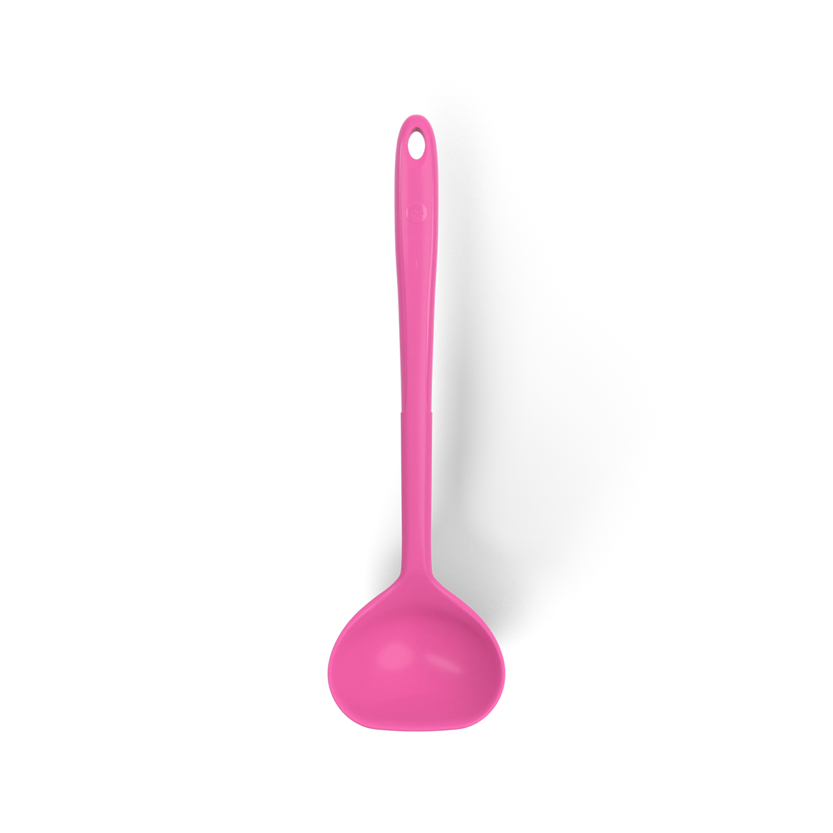 Eine leuchtend pinkfarbene Schöpfkelle aus Kunststoff mit langem Stiel der Firma Kochblume GmbH, abgebildet vor einem weißen Hintergrund.