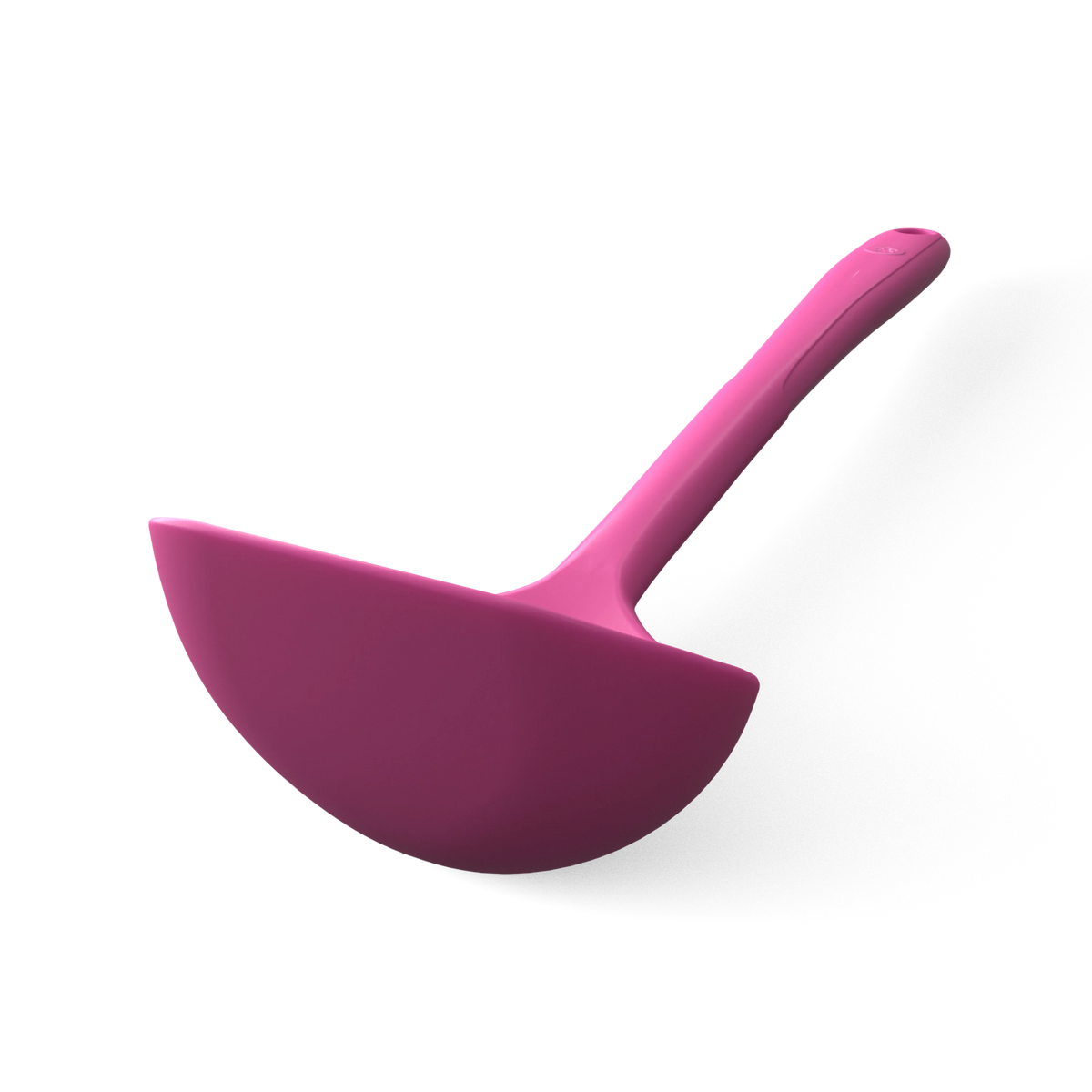 Vor einem schlichten weißen Hintergrund ist die Schöpfkelle der Kochblume GmbH zu sehen – ein rosa Küchenutensil aus Silikon mit einer halbmondförmigen Schaufel und einem stabilen Griff, ideal zum Backen oder Kochen.