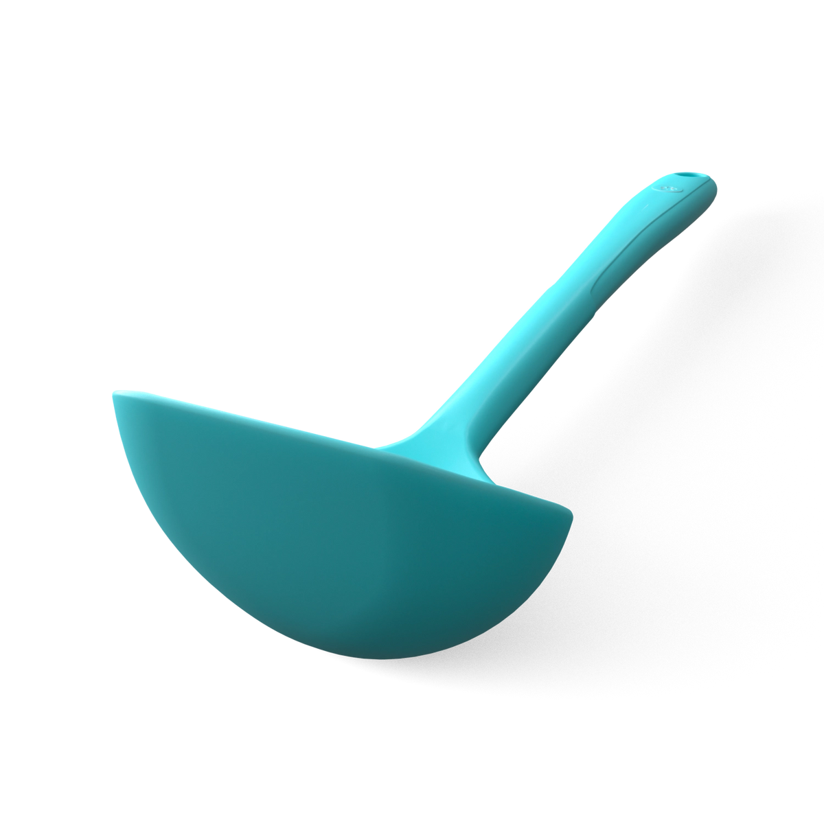 Die Schöpfkelle der Kochblume GmbH mit ihrem türkisfarbenen Design, der halbmondförmigen Schaufel und dem langen Stiel wird vor weißem Hintergrund präsentiert und ist damit eine ideale Ergänzung für Ihre Küchenutensilien.