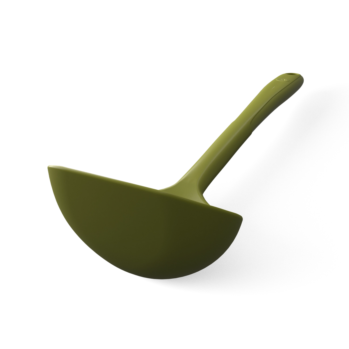 Schöpfkelle von Kochblume GmbH: Eine grüne Schöpfkelle mit einer tiefen, abgerundeten Schale und einem langen Stiel, dargestellt vor weißem Hintergrund mit Schatten.