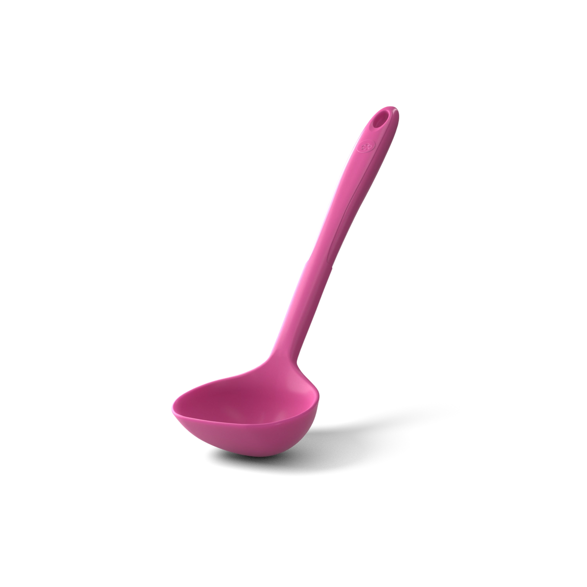 Die Schöpfkelle von Kochblume GmbH ist eine leuchtend pinkfarbene Schöpfkelle mit einem praktischen Loch am Ende des Stiels, das sich ideal zum Aufhängen oder zur mühelosen Aufbewahrung eignet. Vor einem schlichten weißen Hintergrund sorgt dieses Küchenutensil für einen fröhlichen Farbtupfer in Ihrem Kochalltag.