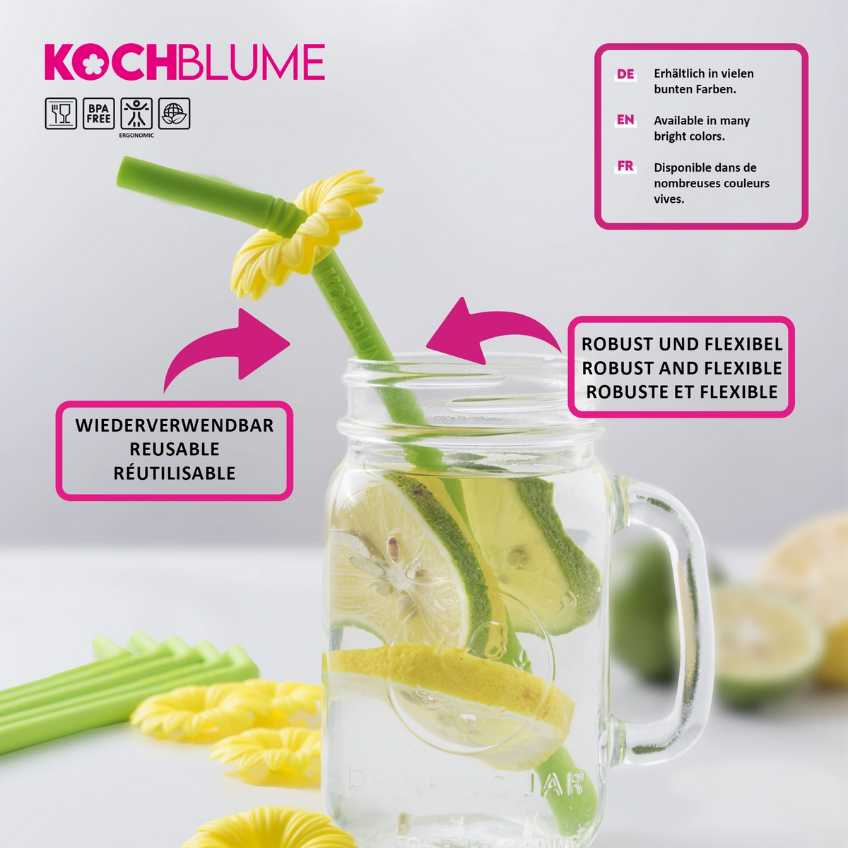 Genießen Sie ein Glas mit erfrischendem Zitronenwasser, ergänzt durch den Trinkhalm der Kochblume GmbH – einen grünen, wiederverwendbaren Strohhalm in Blumenform. Zu Ihrer Information enthält dieses Produkt ausführliche Angaben auf Deutsch, Englisch und Französisch.
