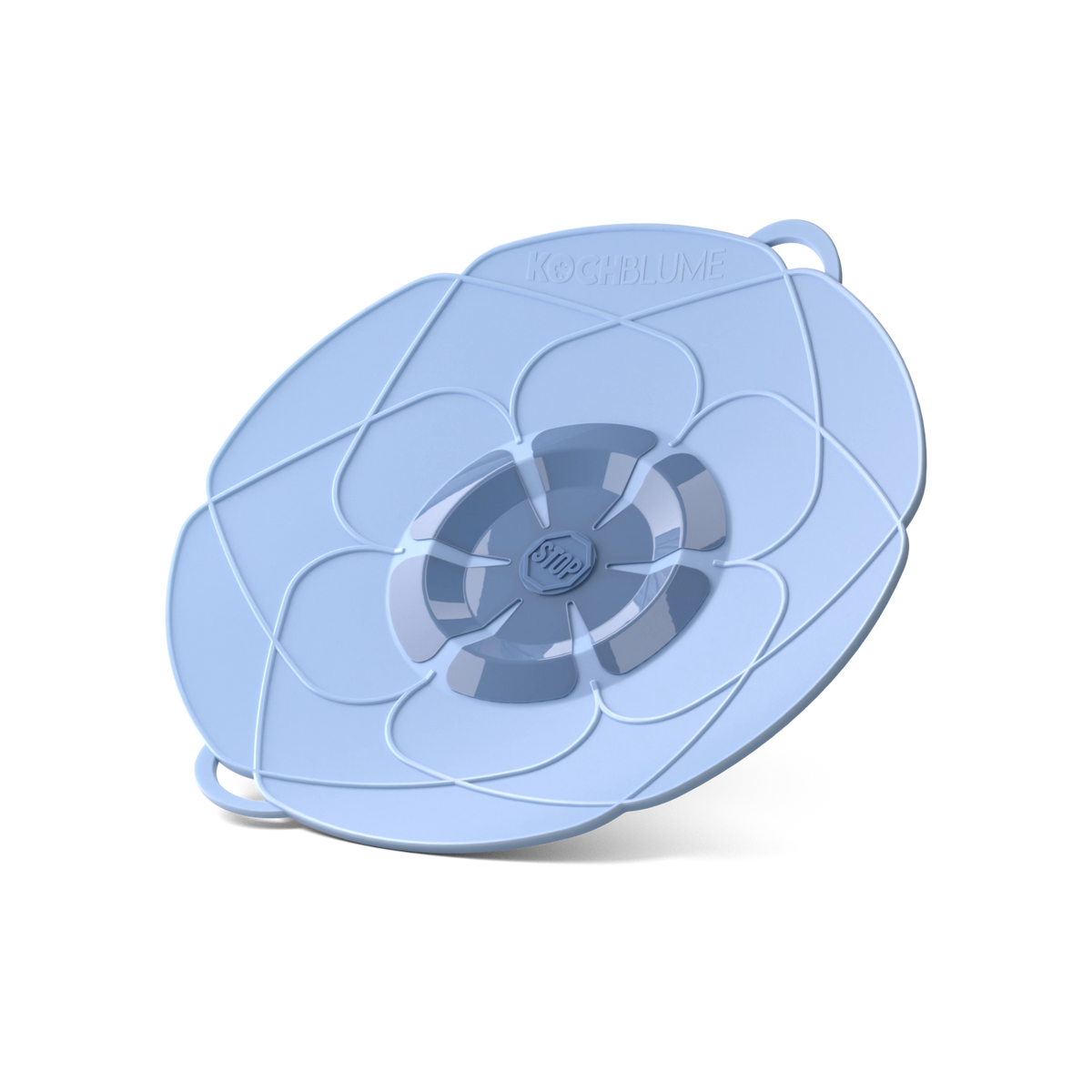 Hellblauer „Kochblume“-Überkochschutz aus Silikon der Firma Kochblume GmbH mit blütenblattartigem Design und der Aufschrift „Kochblume“ auf weißem Hintergrund.
