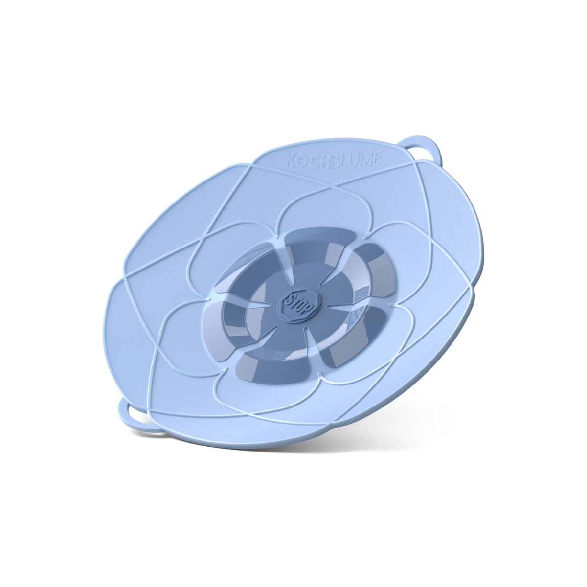 „Kochblume Überkochschutz“ von Kochblume GmbH: ein hellblauer Silikon-Deckel mit Überkochschutz im Blütenblatt-Design, schräg auf einem schlichten weißen Hintergrund abgebildet.