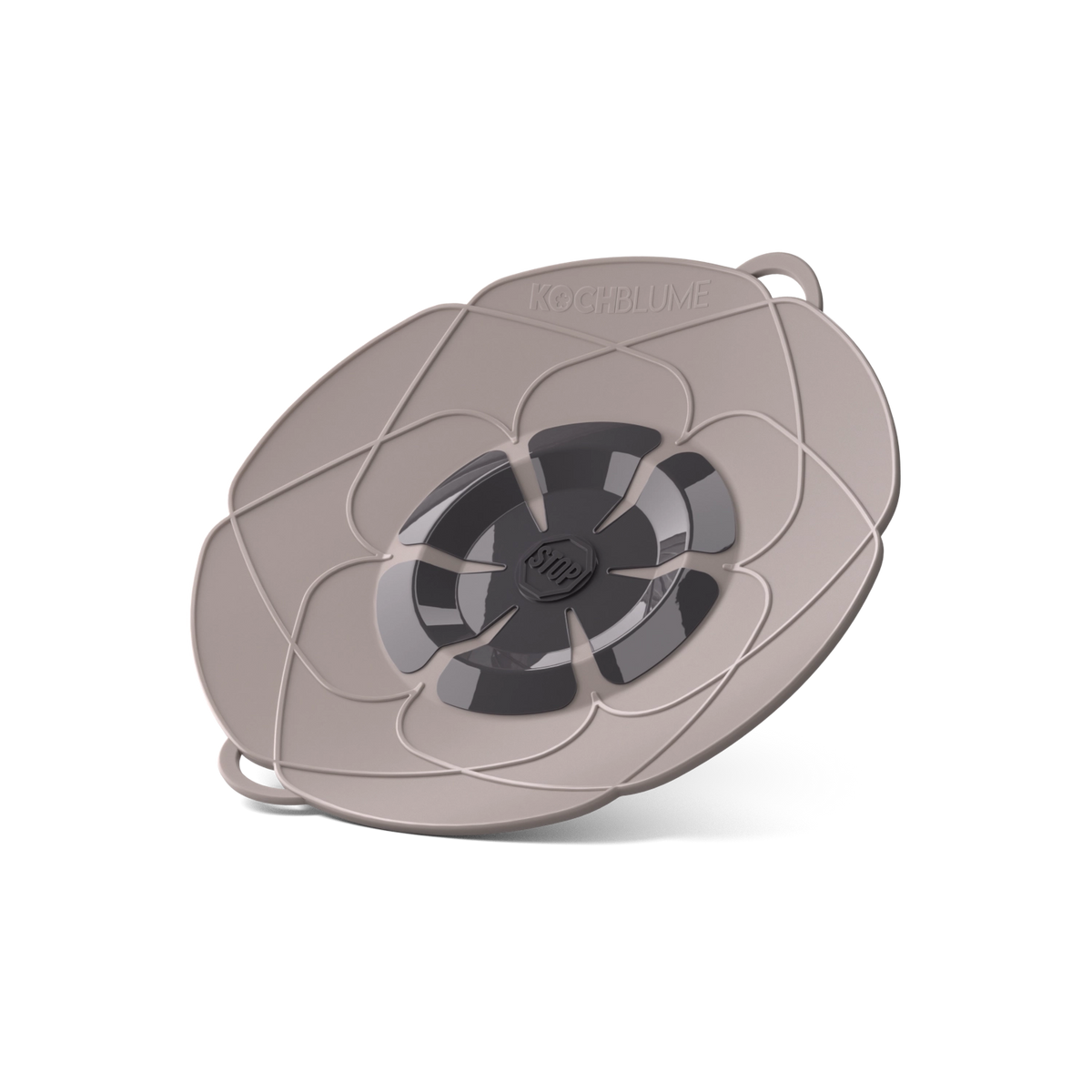 „Kochblume Überkochschutz“ von Kochblume GmbH: ein grauer Silikon-Deckel mit Überkochschutz im stilvollen Blütenblatt-Design, dargestellt vor weißem Hintergrund.