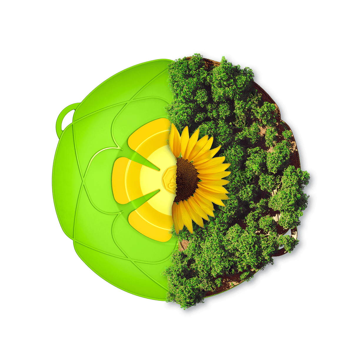Eine grüne Kuppel verwandelt sich in eine Sonnenblume und einen Wald und symbolisiert damit die Natur und die Harmonie mit der Umwelt.