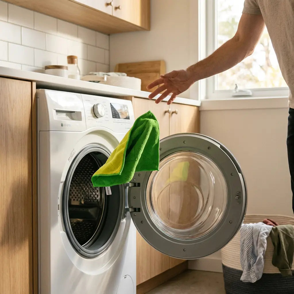 Eine Person wirft ein grünes Handtuch in eine geöffnete Waschmaschine in einem hellen Waschraum.